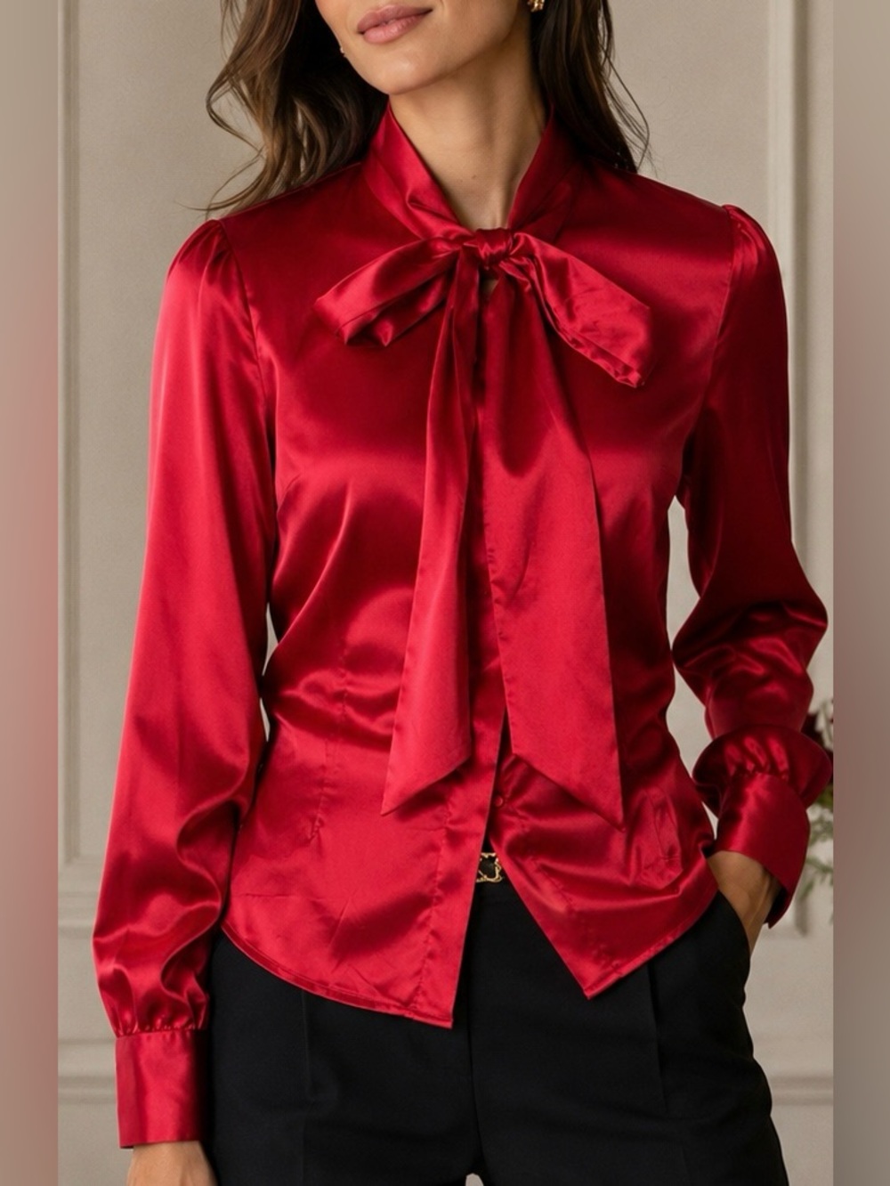 NWOT Hawes & Curtis Pussybow Tie Satin Fitted Blouse Deep Red US8 Elegant Luxury